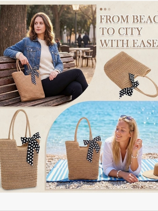 Woven Straw Tote Bag with Polka Dot Scarf - Natural - Picture 6 of 6